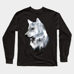 Dramabite Double exposure wolf surreal wildlife nature wilderness Long Sleeve T-Shirt